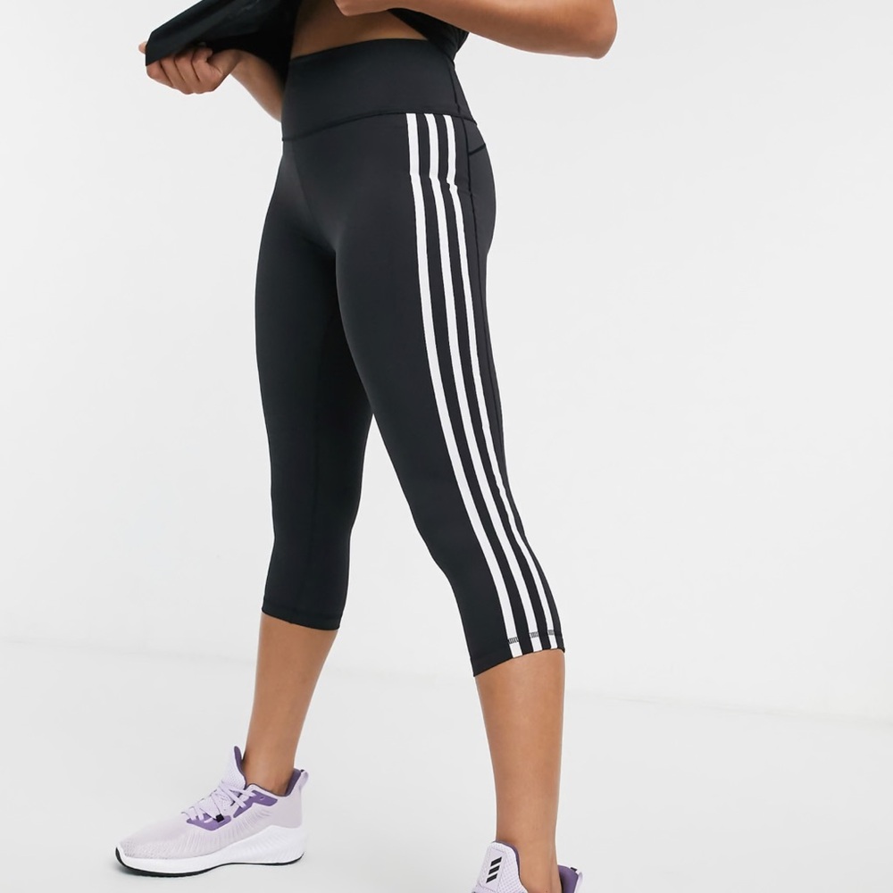 Adidas Women's Black Cropped Pants with White Stripes